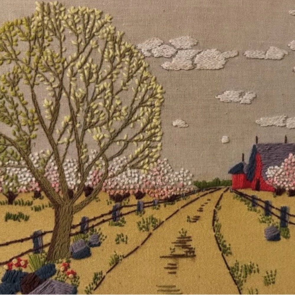 Framed Embroidered Crewel Landscape Art - Picture 2 of 5